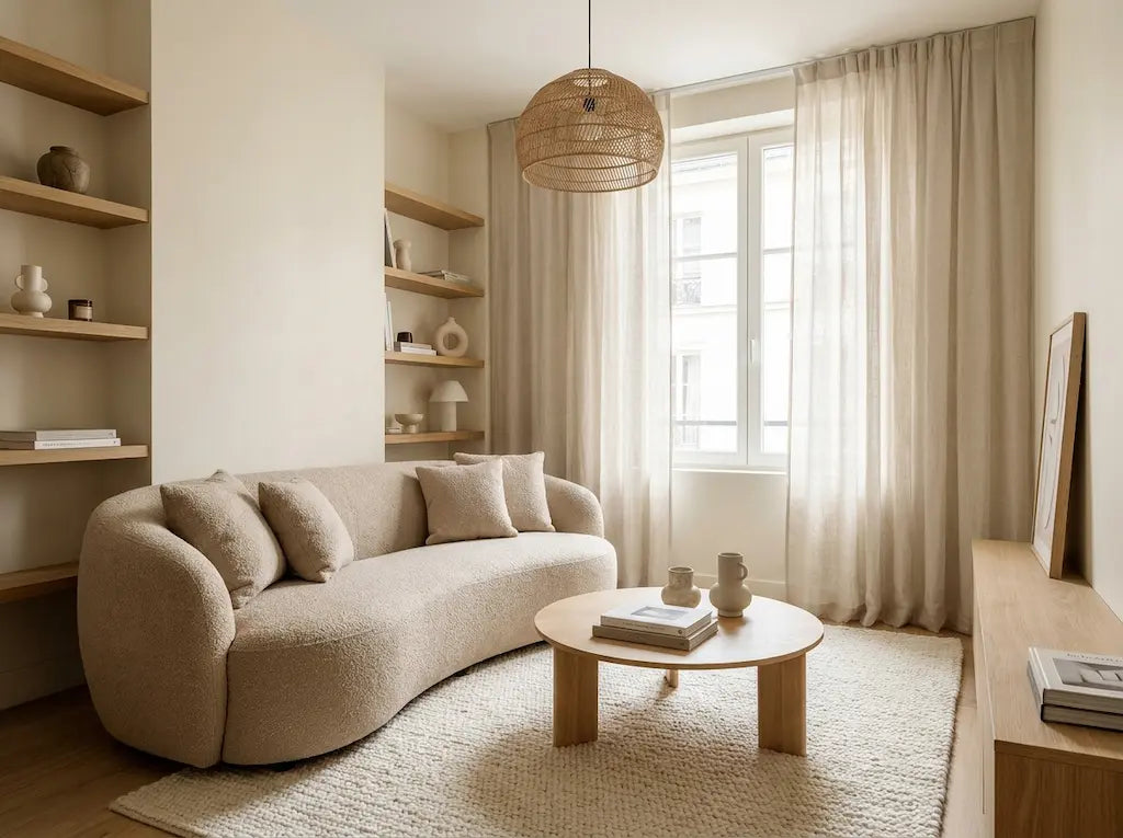 Canapé arrondi beige en bouclette dans un petit salon clair aux étagères de chêne