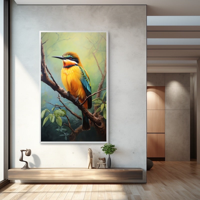 Peinture d'un guêpier aux plumes orange et turquoise posé sur une branche