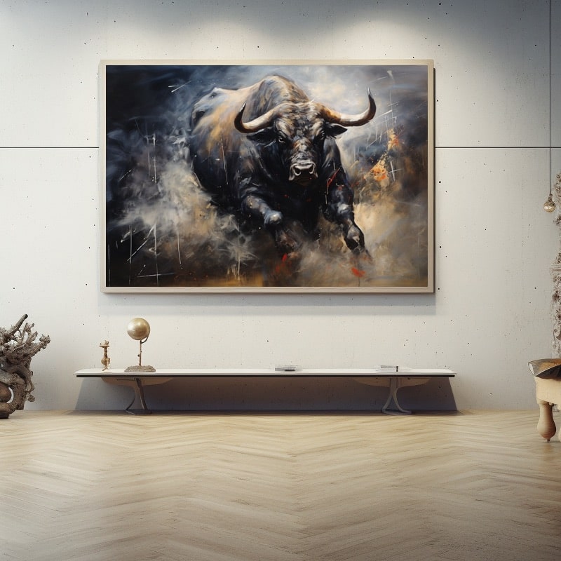 Peinture d'un taureau noir chargeant dans un nuage de poussière
