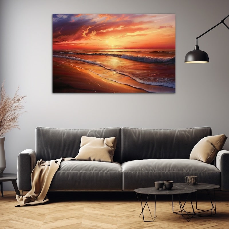 Peinture d'une plage au coucher du soleil, vagues ourlées d'orange