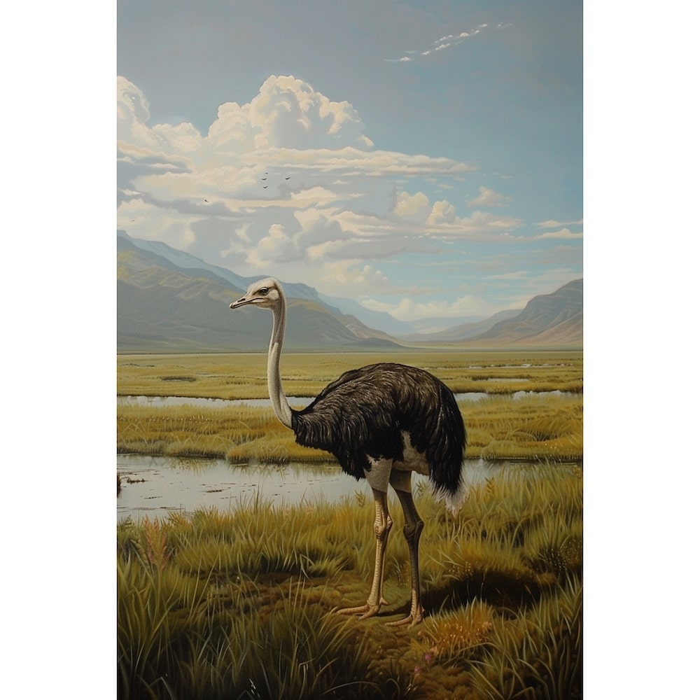 Peinture Autruche dans la Plaine Herbeuse, art mural décoration nature