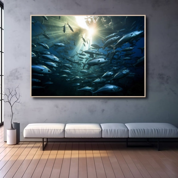Bancs de Poissons sur un Tableau, art mural décoration nature