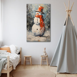 Tableau bonhomme de neige au chapeau et écharpe rouges