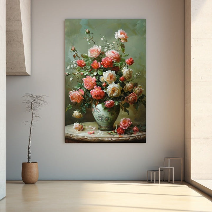 Peinture Bouquet de Roses en Vase, art mural décoration nature