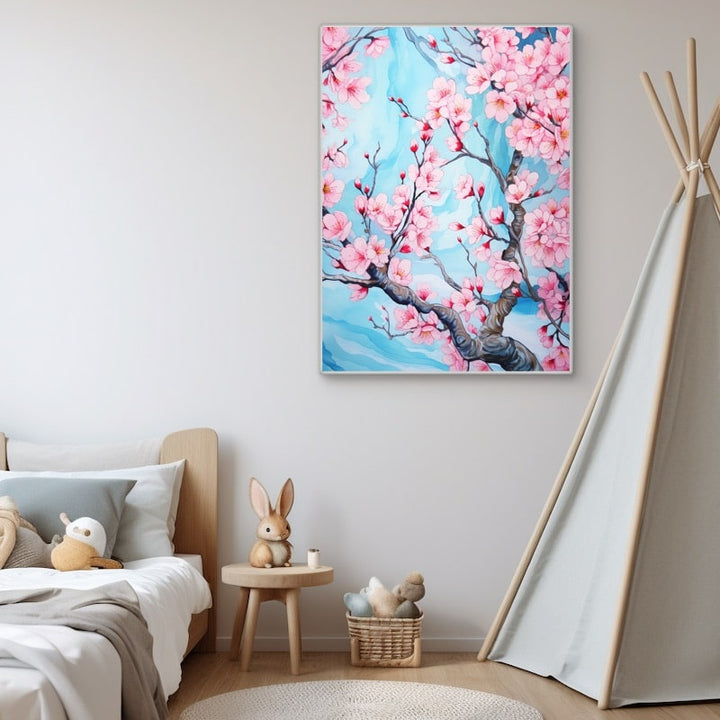 Tableau de branches de cerisier du Japon en fleurs roses sur fond bleu turquoise aquarellé