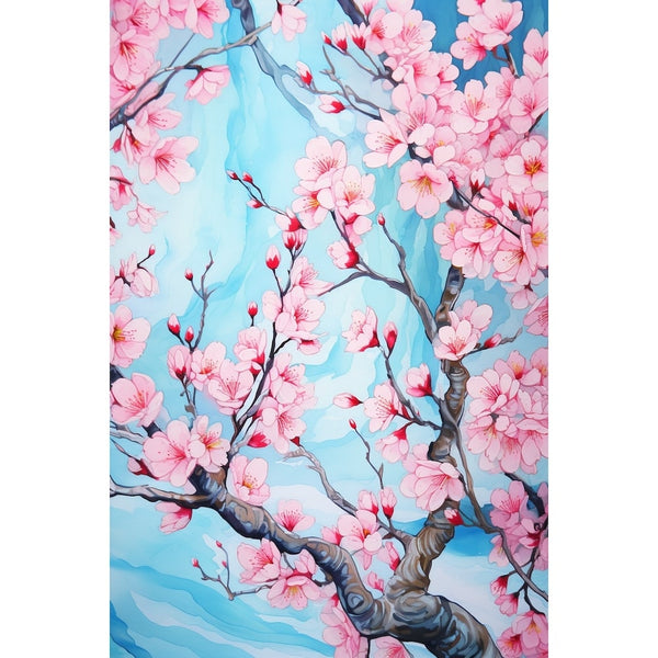 Peinture de fleurs de sakura roses à cœur rouge sur rameaux bruns noueux, ciel bleu lumineux