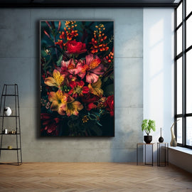 Grand Tableau Fleurs Rouges et Orangées sur Fond Sombre, art mural décoration nature
