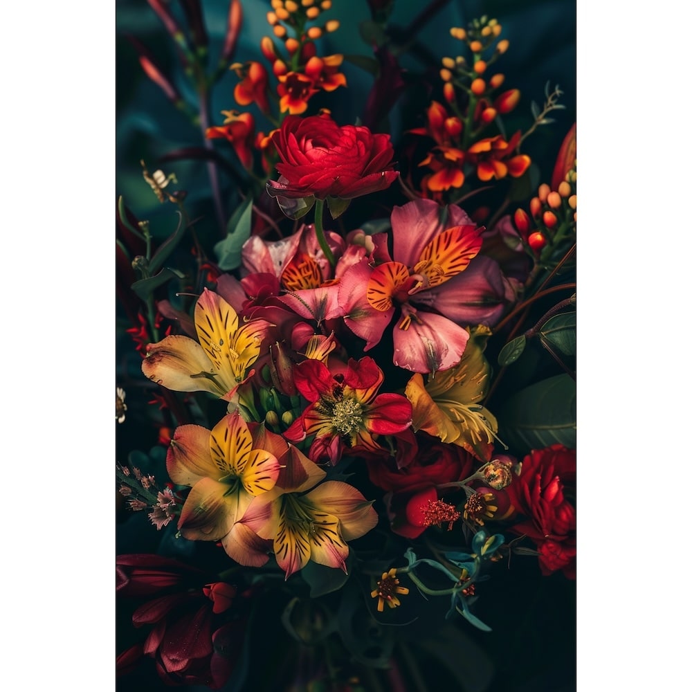 Grand Tableau Fleurs Rouges et Orangées sur Fond Sombre, art mural décoration nature