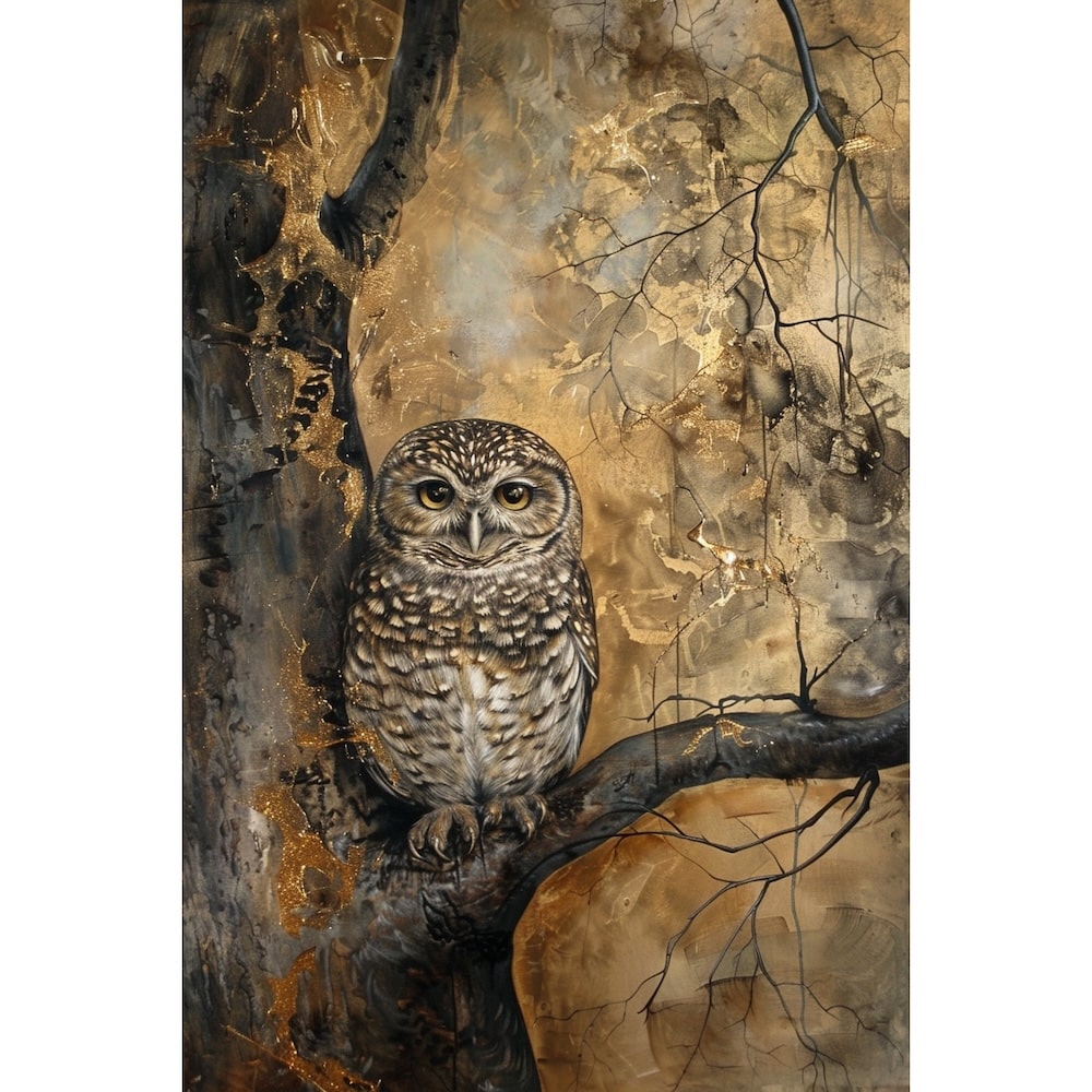 Hibou en Peinture, art mural décoration nature, vue 2
