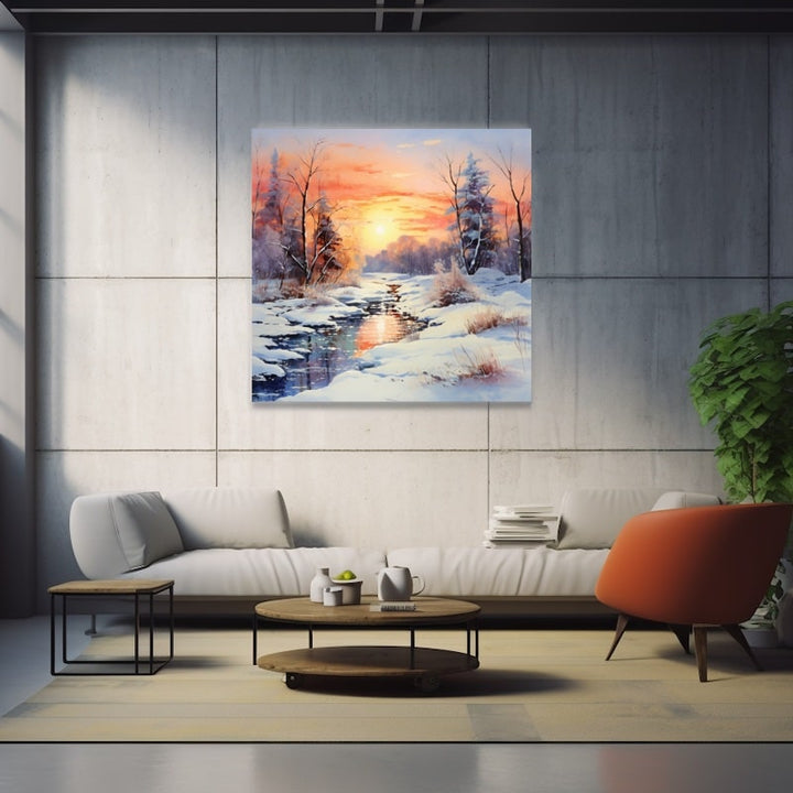 Peinture Coucher de Soleil Hivernal, art mural décoration nature