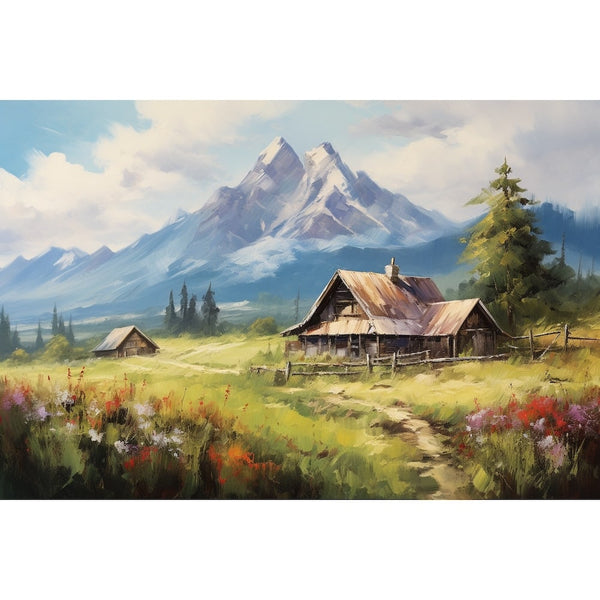 Peinture Chalet dans les Alpages, art mural décoration nature