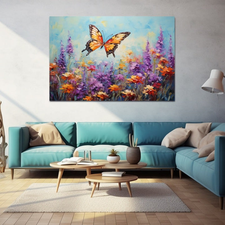 Tableau acrylique d'un papillon monarque orange et noir survolant un massif de fleurs violettes et orangées