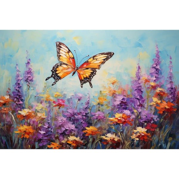 Peinture au couteau de fleurs mauves et orange sous un ciel bleu clair, papillon aux ailes déployées