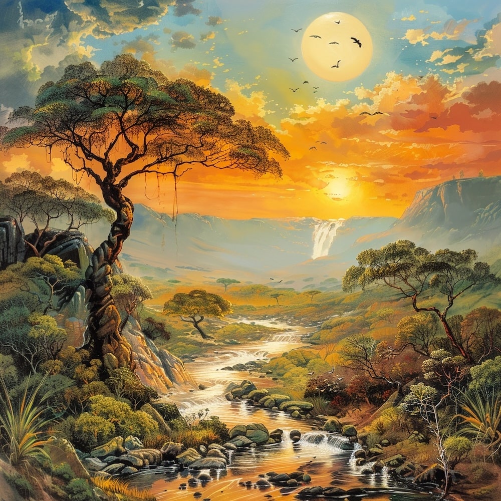 Peinture Paysage Africain à la Cascade et Acacias, art mural décoration nature