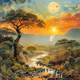 Peinture Paysage Africain à la Cascade et Acacias, art mural décoration nature