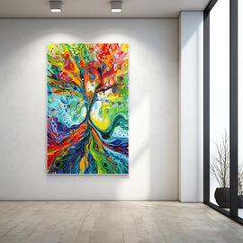 Tableau abstrait d'un arbre aux coulées fluides multicolores, bulles et éclats rouges, turquoise et violets