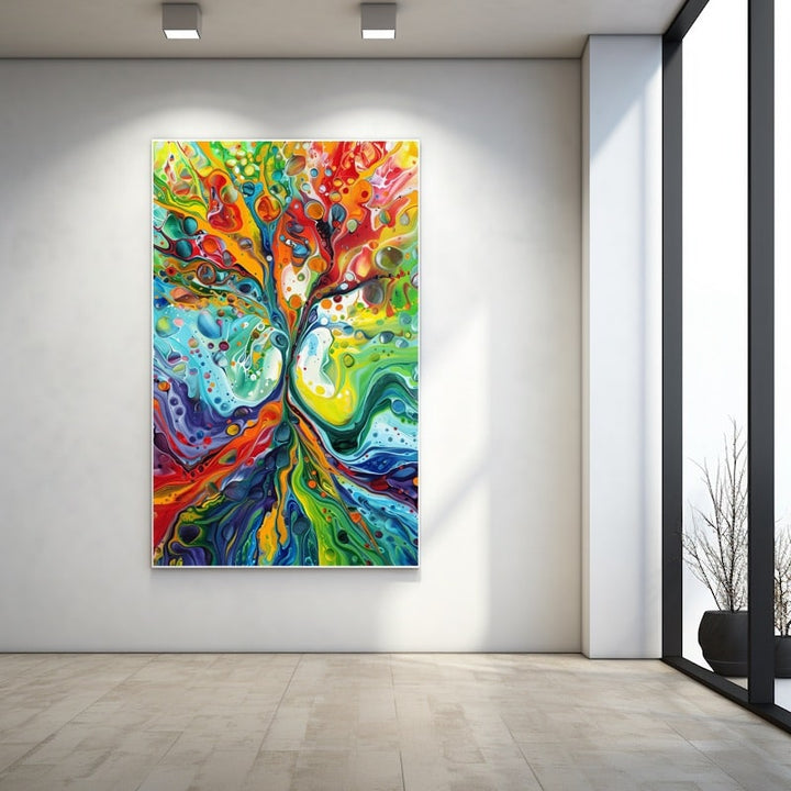 Tableau abstrait d'un arbre aux coulées fluides multicolores, bulles et éclats rouges, turquoise et violets