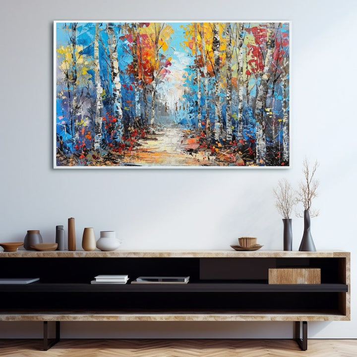 Peinture au couteau d'un sous-bois de bouleaux, feuillages jaunes et rouges, ciel bleu vif et sentier clair