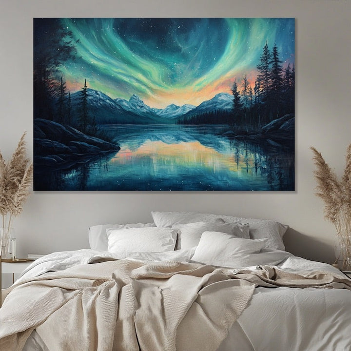 Peinture Acrylique Aurore Boréale, art mural décoration nature
