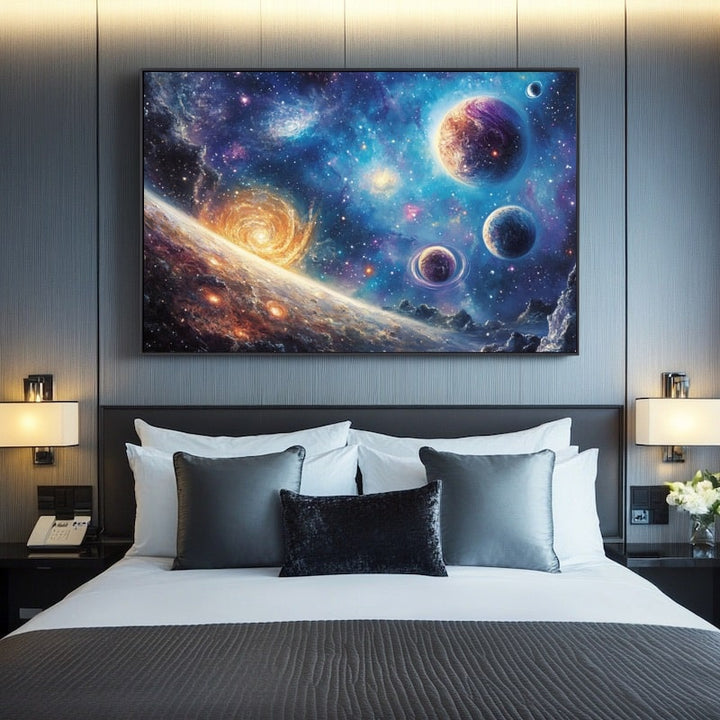 Peinture Galaxie et Planètes Panoramique, art mural décoration nature