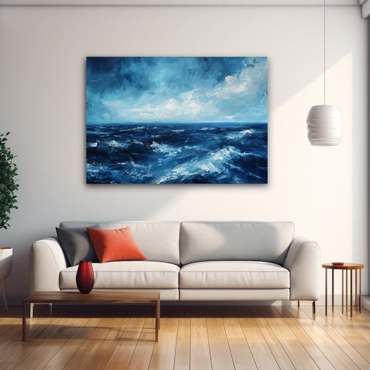 Peinture Vagues Bleu Profond, art mural décoration nature