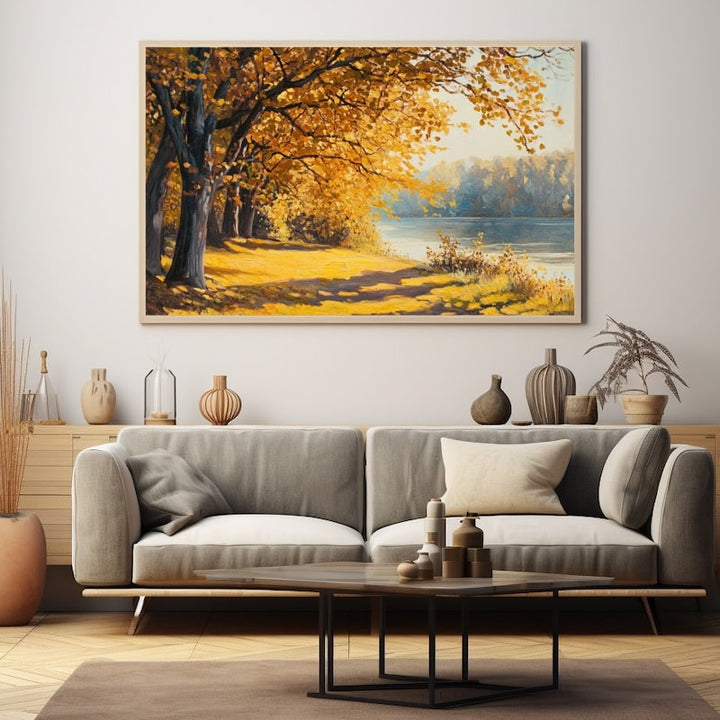 Peinture Acrylique Rive Dorée d'Automne, art mural décoration nature