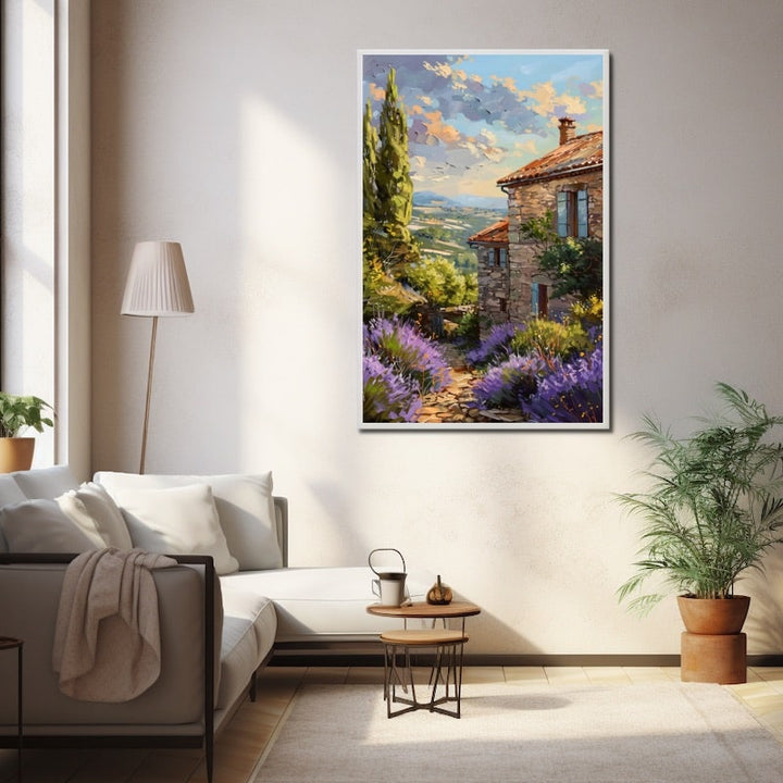 Peinture d'un mas provençal en pierre aux volets bleus entouré de lavande violette et d'un cyprès