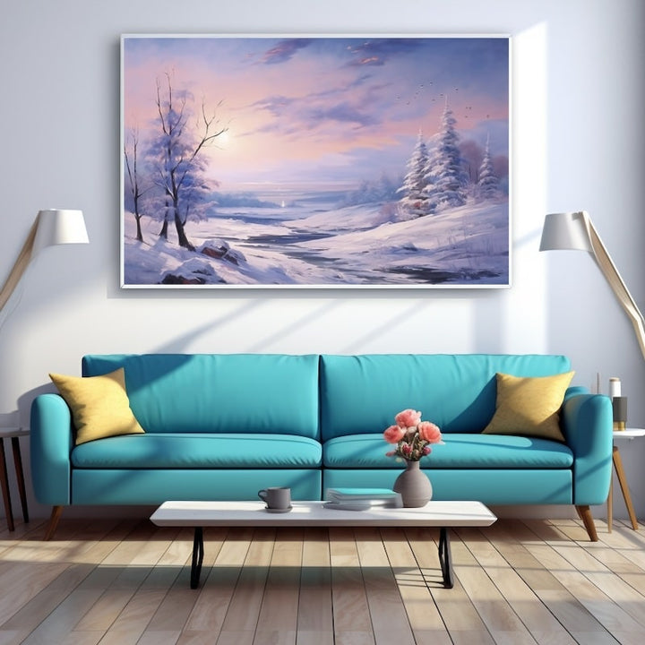 Peinture Acrylique Neige au Crépuscule, art mural décoration nature