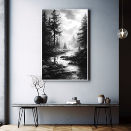 Peinture Acrylique Paysage Noir et Blanc, art mural décoration nature
