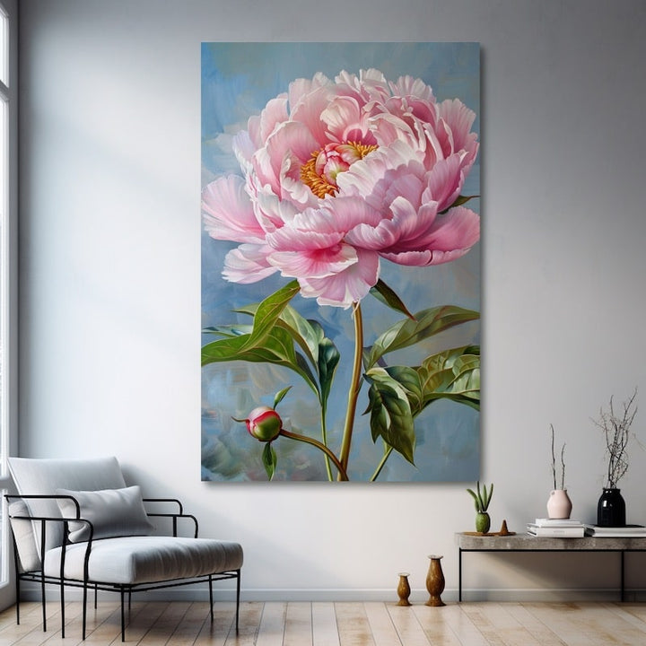 Peinture d'une pivoine rose épanouie au cœur jaune doré, feuillage vert et fond bleu ciel nuancé