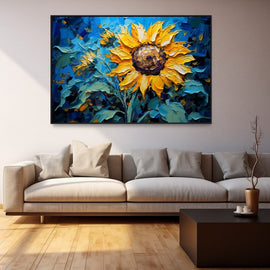 Peinture Tournesol sur Fond Bleu, art mural décoration nature