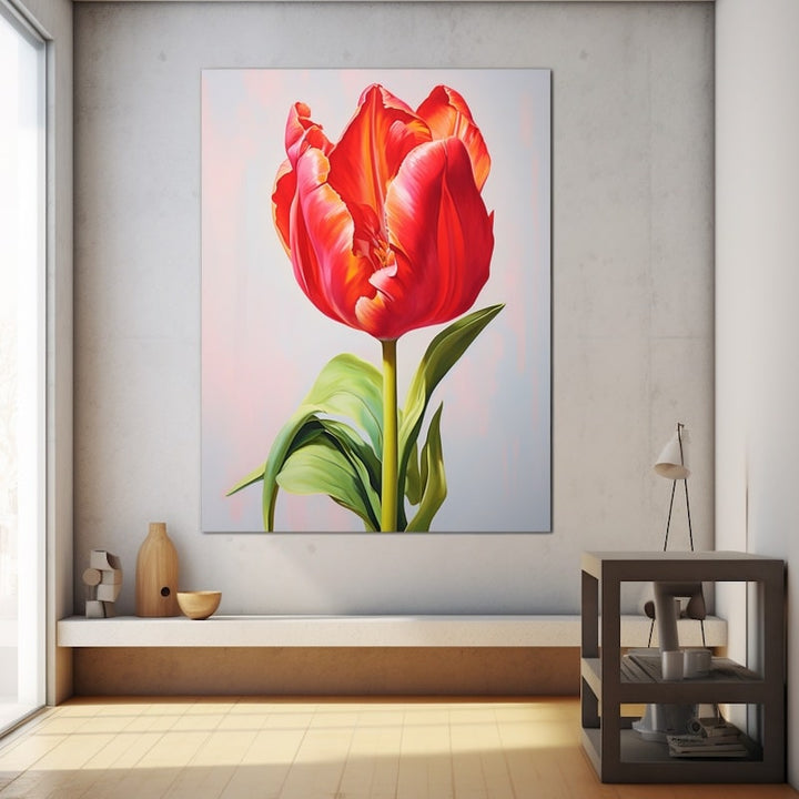 Peinture acrylique d'une tulipe rouge aux pétales ourlés d'orange, tige et longues feuilles vert tendre