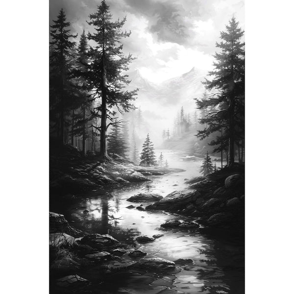 Peinture Acrylique Paysage Noir et Blanc, art mural décoration nature