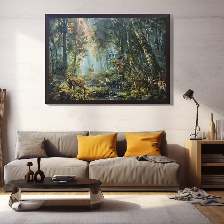 Peinture Cervidés au Ruisseau, art mural décoration nature