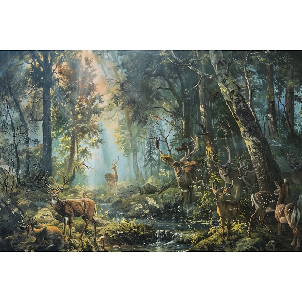 Peinture Cervidés au Ruisseau, art mural décoration nature