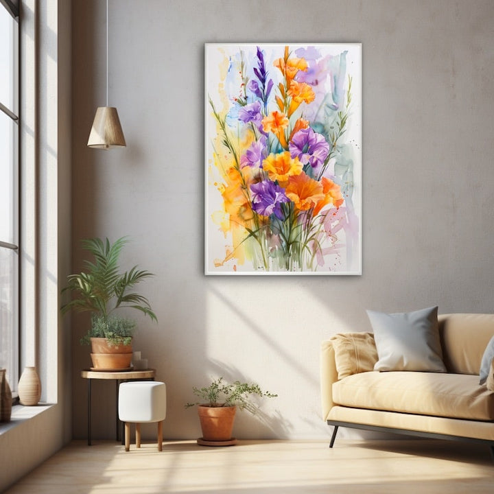 Tableau aquarelle d'un bouquet de glaïeuls orange et violets aux longues tiges vertes sur fond blanc