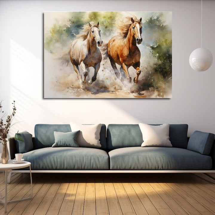 Peinture Aquarelle Chevaux, art mural décoration nature