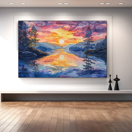 Peinture Aquarelle Coucher de Soleil, art mural décoration nature