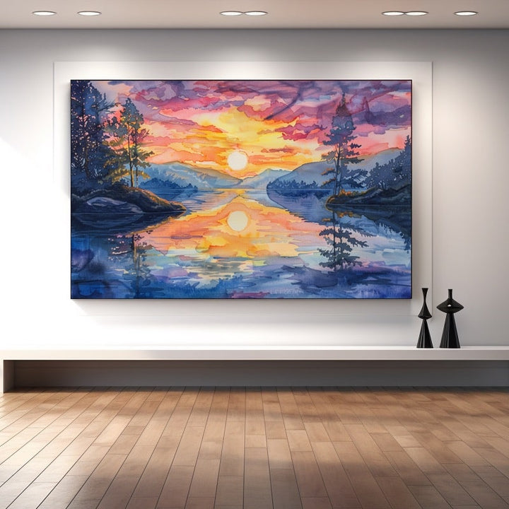 Peinture Aquarelle Coucher de Soleil, art mural décoration nature