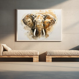 Tableau aquarelle d'un éléphant de face, grandes oreilles déployées et défenses blanches, tons ocre et dorés