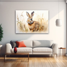 Peinture aquarelle d'un lapin brun aux longues oreilles dressées, assis dans des herbes folles beiges