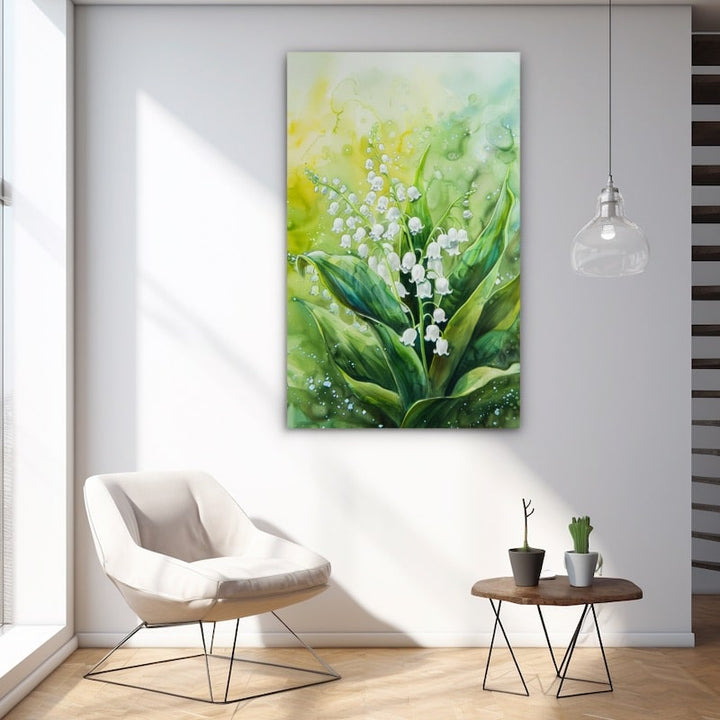 Peinture aquarelle de brins de muguet aux clochettes blanches, larges feuilles vertes et fond jaune tendre