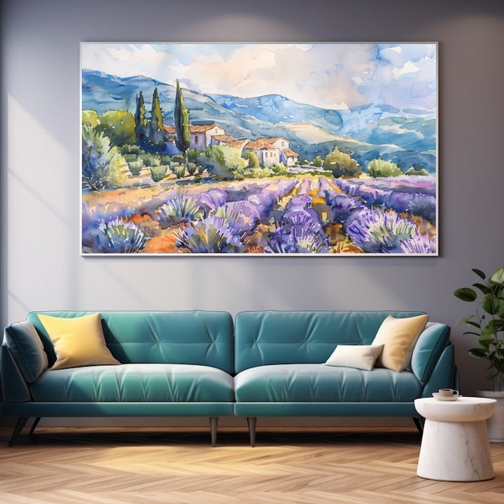 Tableau aquarelle d'un champ de lavande mauve devant un mas provençal blanc, cyprès et collines bleues