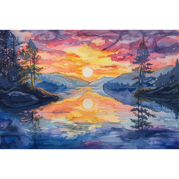 Peinture Aquarelle Coucher de Soleil, art mural décoration nature