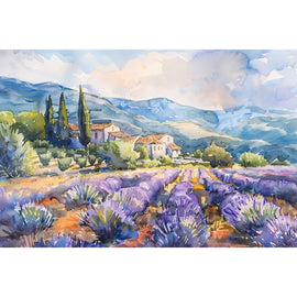 Peinture à l'aquarelle d'un paysage de Provence, rangs de lavande, toits de tuiles orangées et montagnes bleutées