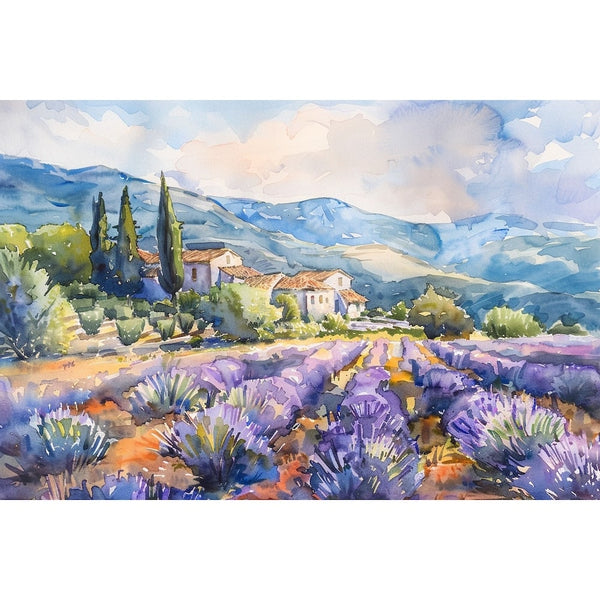 Peinture à l'aquarelle d'un paysage de Provence, rangs de lavande, toits de tuiles orangées et montagnes bleutées