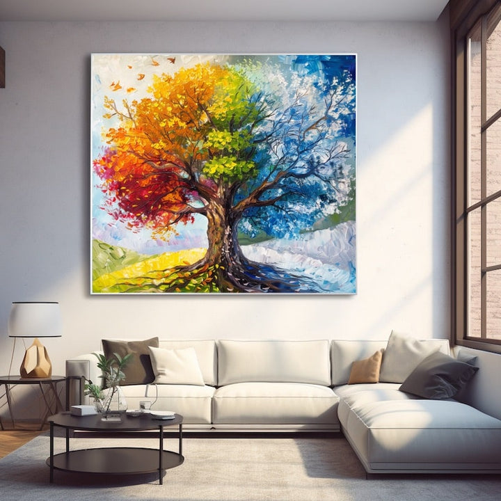 Peinture Arbre 4 Saisons, art mural décoration nature