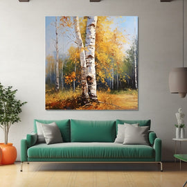 Peinture Arbre Bouleau Automne, art mural décoration nature