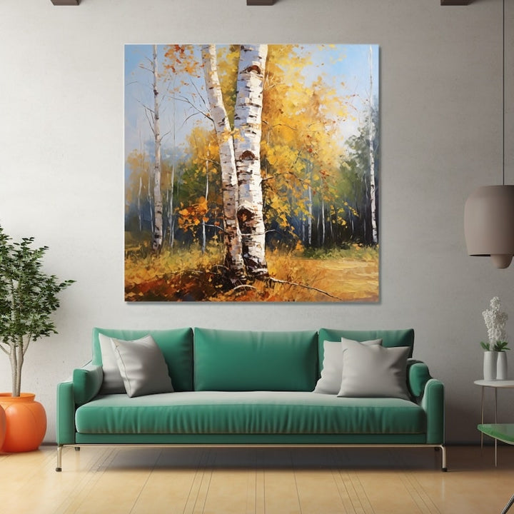 Peinture Arbre Bouleau Automne, art mural décoration nature