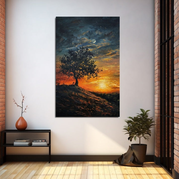 Peinture Arbre Coucher de Soleil, art mural décoration nature